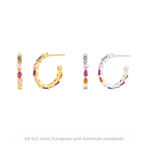 925 Sterling Silver Multicolor Zirconia C-Shaped Hoop Earrings French Style Colorful CZ Stud Earrings For Women Jewelry