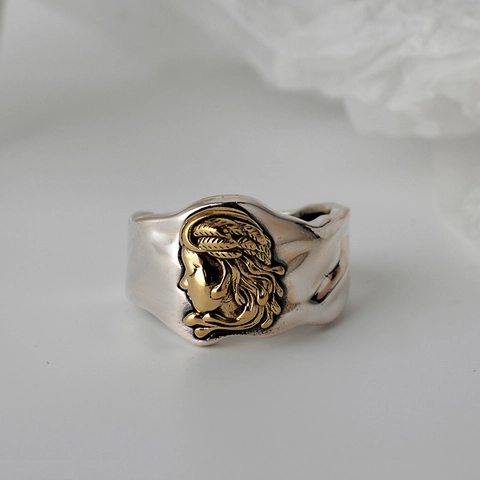 Vintage 925 Sterling Silver Irregular Open Ring Classical Relief Head Adjustable Thai Silver Statement Finger Jewelry