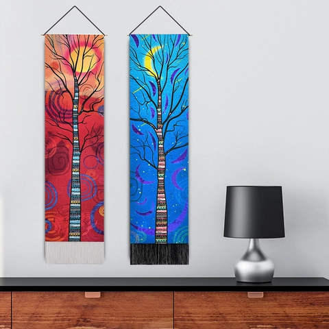 Tapisserie Murale Arbre De Vie Peinture Suspendue Verticale Longue Polyester Coton Avec Glands Tige En Bois Style Nordique