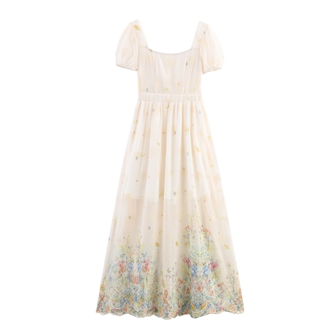 Abito Lungo Con Scollo Quadrato Maniche A Sbuffo Chiffon Ricamo Floreale Stile Francese Vita Alta Elegante Donna