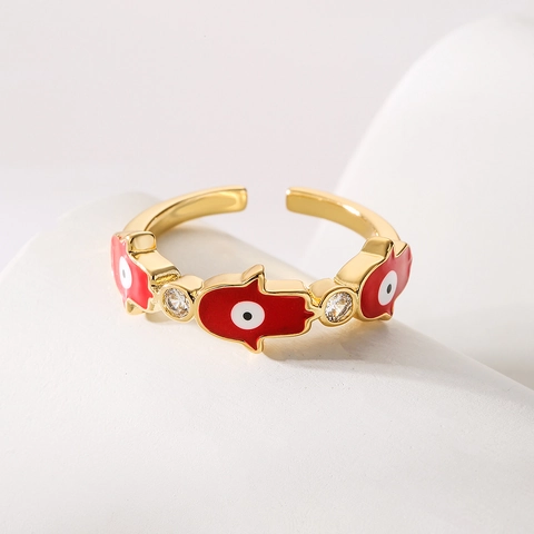 Anillo Abierto Mano De Fátima Ojo Turco Chapado En Oro Cobre Esmalte Circonita Ajustable Joyería Bohemia Mujer