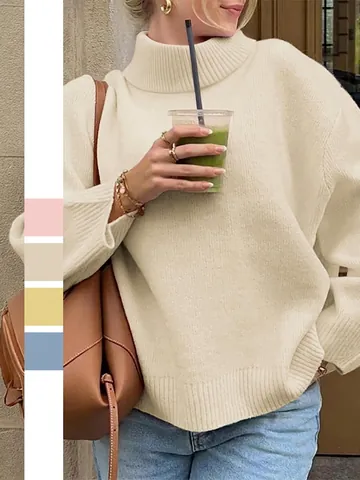 Women Turtleneck Sweater Knit Pullover Loose Casual Drop Shoulder Long Sleeve Soft Solid Color Fashion Tops