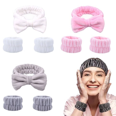 Spa Headband And Wristbands Plush Coral Fleece Bowknot Design Elastic Face Washing Makeup Skincare For Women Girls