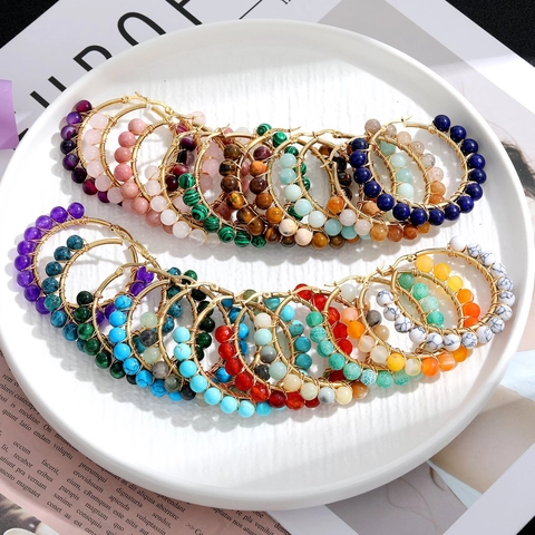 Hoop Earrings Stainless Steel Wire Wrapped Natural Stone Beads Handmade Bohemian Vintage Ethnic Jewelry For Women