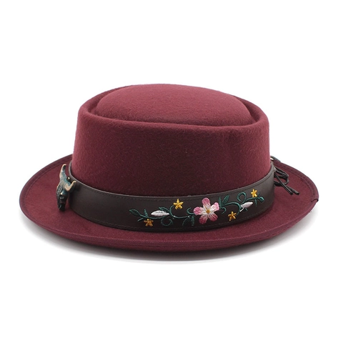 Chapeau Pork Pie Vintage En Feutre De Laine Avec Décoration En Métal Tête De Taureau Et Broderie Florale Style Ethnique