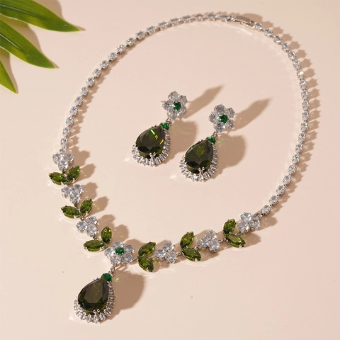 Vintage Luxus Kupfer Zirkonia Grün Wassertropfen Blume Blatt Halskette Und Ohrringe Mit Silber Ohrstecker Elegante Frauen
