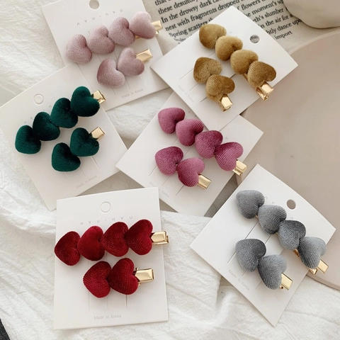 Heart Shaped Velvet Flocked Hair Clips Korean Style Sweet Alloy Barrette For Women Girls Autumn Winter Accessories