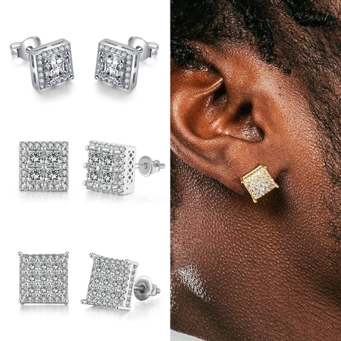 Orecchini a Bottone Quadrati Hip Hop in Rame Zirconia per Uomo Donna Pavé Completo Galvanico Geometrici Con Perno in Argento Sterling 925