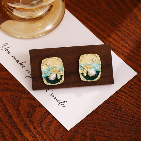 Vintage French Oil Painting Enamel Earrings With Artificial Pearl Wheat Ear Sunset And 925 Sterling Silver Earring Post