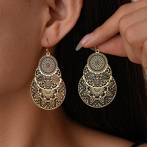 Copper Hollow Out Mandala Flower Drop Earrings Vintage Geometric Round Ethnic Jewelry For Women