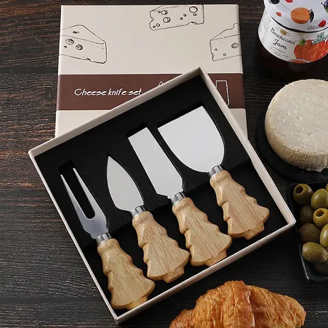 Christmas Tree Wood Handle Stainless Steel Cheese Knife Fork Spreader Spatula Tableware For Festive Party Gifts