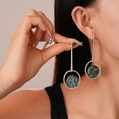 Abalone Shell Dangle Earrings Alloy Round Geometric With Silver Earring Post Retro Iridescent Wrinkled Jewelry For Women