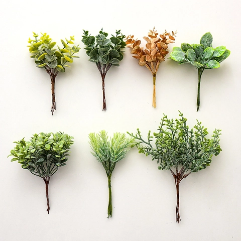 Artificial Christmas Greenery Picks PVC Plastic Frosty Pine Needles Eucalyptus For Wreath Garland DIY Holiday Home Decor