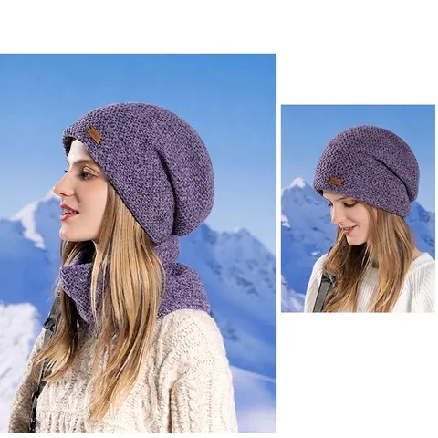Women Winter Knitted Beanie Hat And Neck Scarf Acrylic Thick Warm Plush Lined Windproof Outdoor Ear Protection Solid