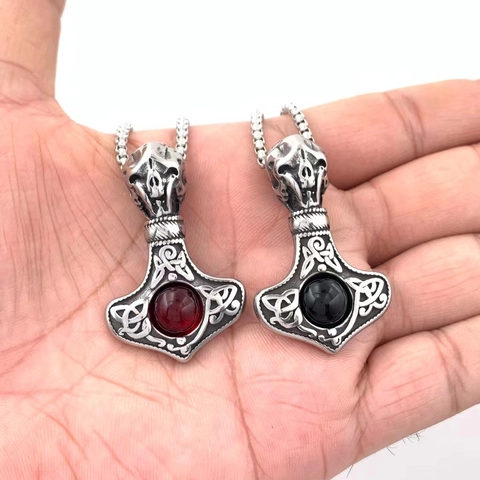 Vikingo Martillo de Thor Mjolnir Collar con Colgante Acero Inoxidable Calavera Piedra Roja Negra Nudo Celta Punk Vintage Hombre
