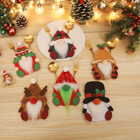 Porte Couverts De Noël Gnome Renne Tissu Pochettes Argenterie Décoration De Table Fête Style Nordique Accessoires Dîner