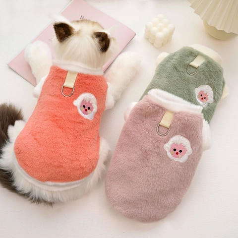 Haustier Warme Plüschweste Flanell Katze Hund Winterkleidung Mit Leine D-Ring Cartoon Schaf Bestickt Kleintier Bekleidung