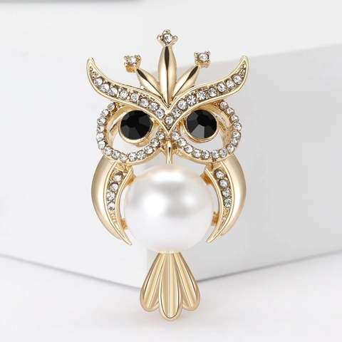 Cute Owl Brooch With Artificial Pearl Rhinestone Alloy Bird Animal Corsage Pin Jewelry For Women Dress Suit Accessories