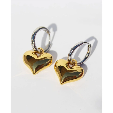 Orecchini a Cerchio con Pendente a Cuore in Ottone Vintage per Donna Oro Argento Bicolore Geometrici Gioielli di Moda