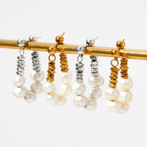 French Style U Shaped Beaded Earrings With Stainless Steel And Natural Freshwater Pearl Gold Plated Geometric Fashion Jewelry