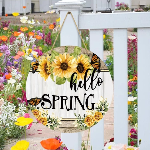 Hello Spring Willkommens-Türschild Rundes Holzschild Sonnenblume Schmetterling Bauernhaus Rustikale Wanddekoration