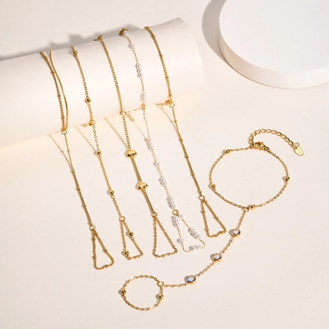 Stainless Steel Hand Chain Slave Bracelet Gold Plated Minimalist Heart Artificial Pearl Zirconia Finger Ring Wrist Link For Women