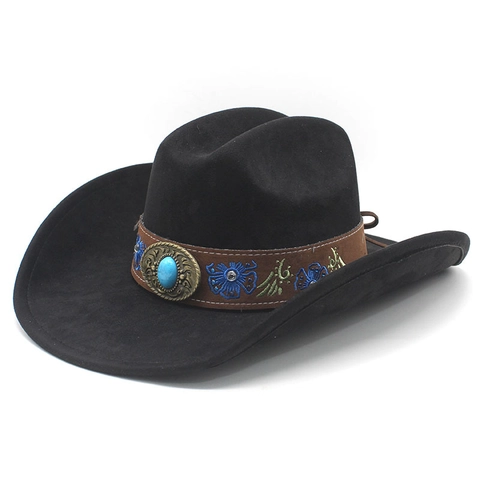 Western Cowboy Hat Suede Turquoise Ornament Vintage Ethnic Floral Embroidery Wide Brim Retro Outdoor Fedora Men Women