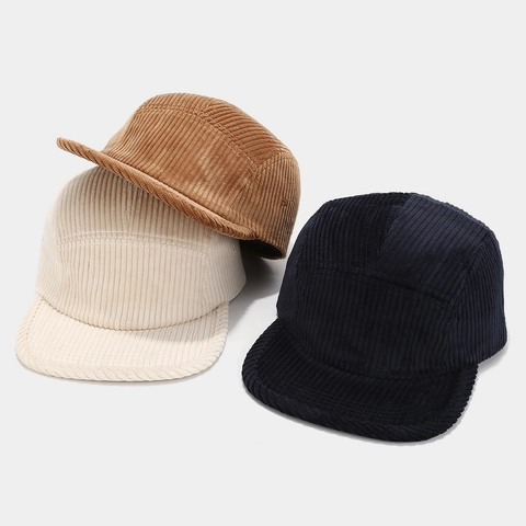 Retro Corduroy Five Panel Cap Flat Brim Adjustable Camper Hat For Men And Women Vintage Streetwear Style Solid Color
