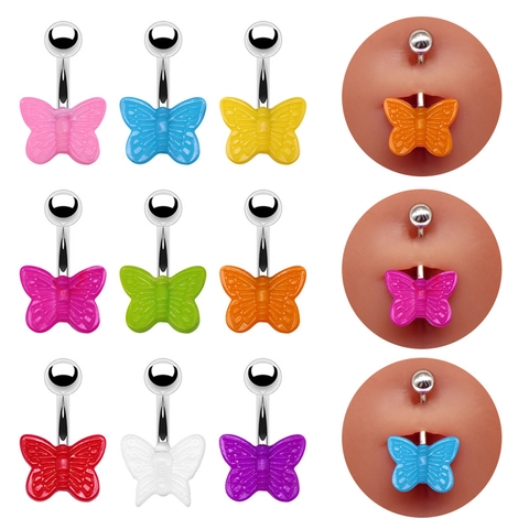 Colorful Acrylic Butterfly Belly Ring Silver Metal Bar Cute Navel Piercing Jewelry For Women Girls