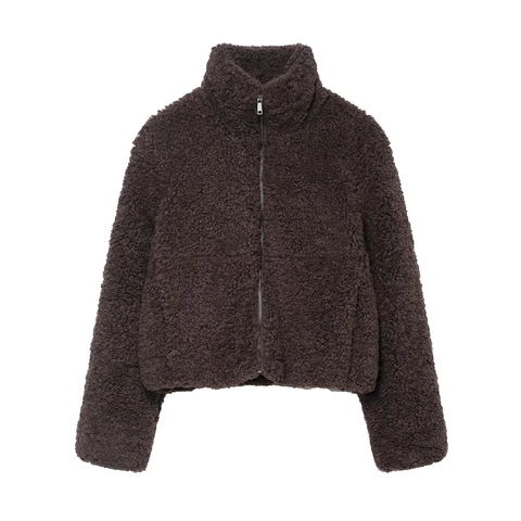 Women Stand Collar Teddy Fleece Jacket Full Zipper Warm Loose Solid Color Casual Streetwear Outerwear Coat