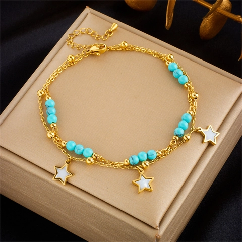 Bohemian Layered Stainless Steel Anklet With Turquoise Beads Star Evil Eye Charms Adjustable Foot Jewelry For Women