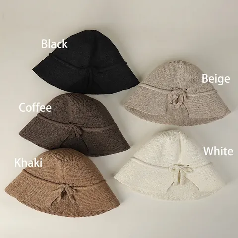 Women Knitted Bucket Hat Breathable Sunshade Bow Decor Elegant Foldable Retro Fisherman Hat