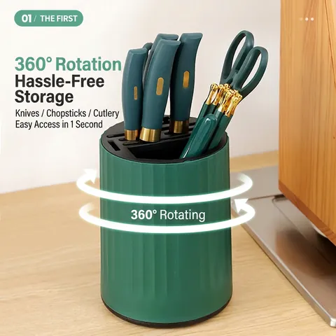 Rotating Kitchen Knife Holder Plastic Multi-functional Storage Swivel Drain Tray Modern Cylindrical Utensil Organizer