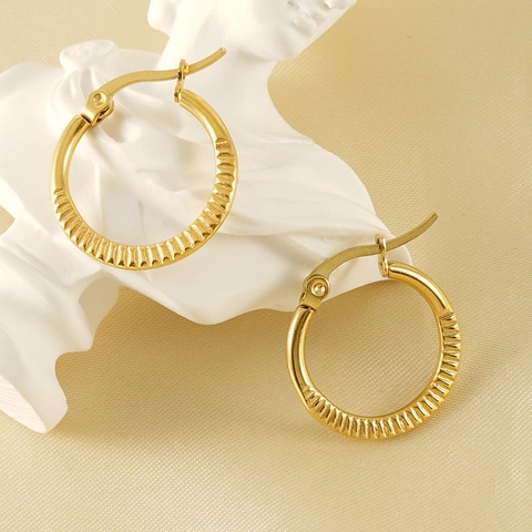 Hoop Earrings 18K Gold Plated Titanium Steel Ribbed Vertical Texture Round Geometric Minimalist Jewelry For Women