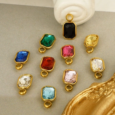 Rectangular Gemstone Charms Pendants 304 Stainless Steel Glass Rhinestone 18K Gold Plated Faceted Geometric DIY Jewelry Making Colorful Accessories