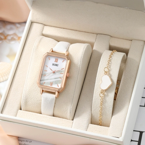 Orologio Quarzo Donna Elegante Cassa Oro Rosa Cinturino Pelle PU Quadrante Marmo E Bracciale Cuore Analogico