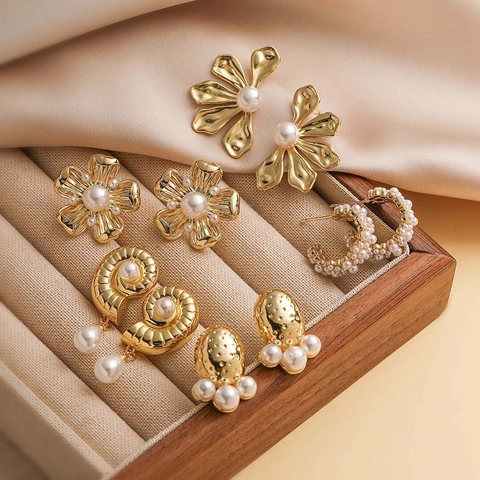 Pendientes Retro Franceses de Cobre con Perlas Artificiales Elegantes Pendientes de Botón Flor Forma C Caracola Joyería Para Mujer