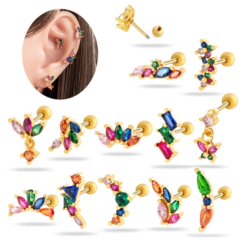 Stainless Steel Colorful Zirconia Helix Tragus Ear Cartilage Studs Flower Butterfly Geometric Inlaid Piercing Jewelry For Women