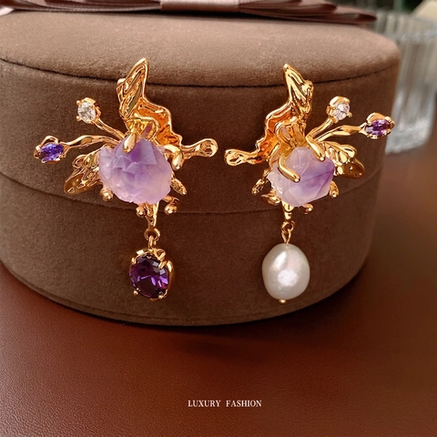 Pendientes Asimétricos Con Perla Barroca Artificial Amatista Circón Y Poste De Plata Esterlina 925 Estilo Mariposa Vintage