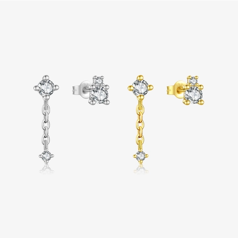 S925 Sterling Silver Asymmetric Chain Stud Earrings With Rhinestone For Women Geometric Round Dangle Earring Jewelry Gift