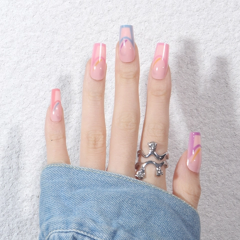 Uñas Postizas Press On Francesas Líneas Onduladas Arcoíris Geométricas Brillantes Rosa Nude Cuadradas Largas Trapecio Uñas Artificiales