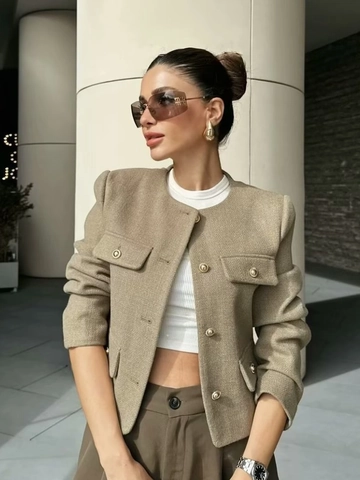 Women Elegant Short Tweed Jacket Round Neck Long Sleeve Blazer Textured Coat With Gold Buttons And Pockets Office Lady