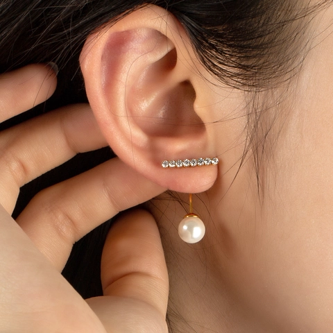 Minimalist 304 Stainless Steel Artificial Pearl Stud Earrings For Women Rhinestone Inlaid Vertical Bar Dangle Ear Jewelry