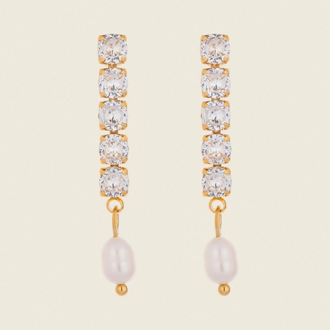 Elegantes Pendientes Largos de Acero Inoxidable Chapado en Oro de 18K con Perla de Agua Dulce y Diamantes de Imitación para Mujer Joyería de Moda