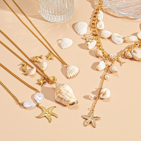 Layered Necklace Alloy Gold Plated With Shell Starfish And Imitation Artificial Pearl Summer Beach Bohemian Style For Women