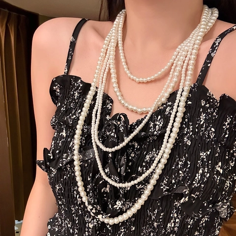 Elegant Multi Layer Artificial Pearl Necklace For Women Vintage French Hepburn Style White Glass Artificial Pearl Long Sweater Chain Jewelry