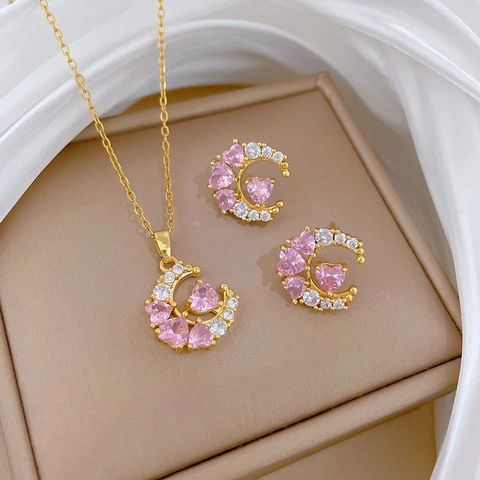 Set Gioielli Luna Cuore Acciaio Inossidabile Rame Zircone Collana Mezzaluna Orecchini Con Perno In Argento Per Donna