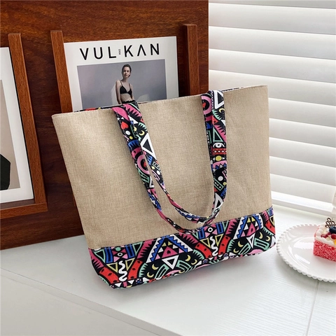 Große Damen Tragetasche Baumwolle Leinen Canvas Ethnisch Blumenmuster Patchwork Lässige Schultertasche Handtasche Reißverschluss