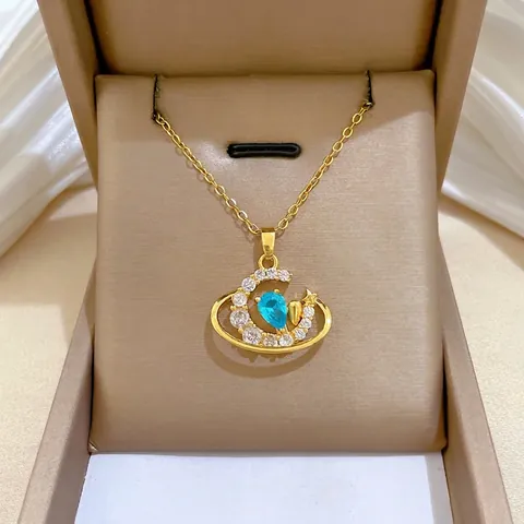 Women Crescent Moon Galaxy Necklace Stainless Steel Chain With Copper Zircon Blue Water Drop Pendant Elegant Jewelry