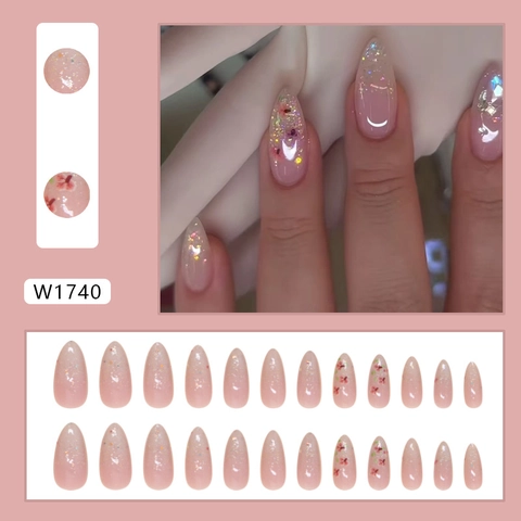 Press On Nails Mandelform Rosa Verlauf Pfirsichblüte Florales Design Glänzend Feiner Glitzer Künstliche Falsche Nägel Für Frauen
